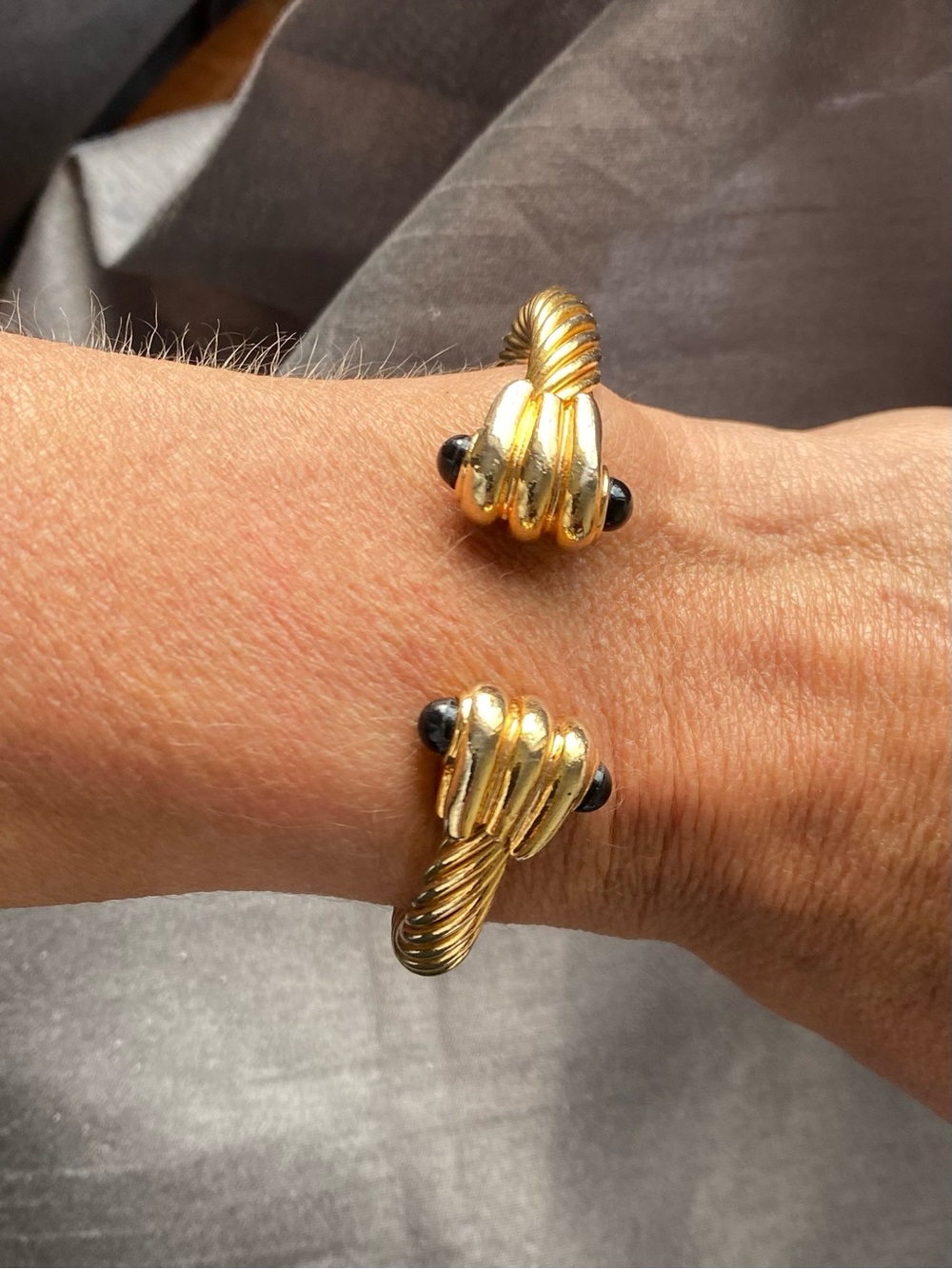 Gold Open Cuff Bracelet with Black Stone Accent